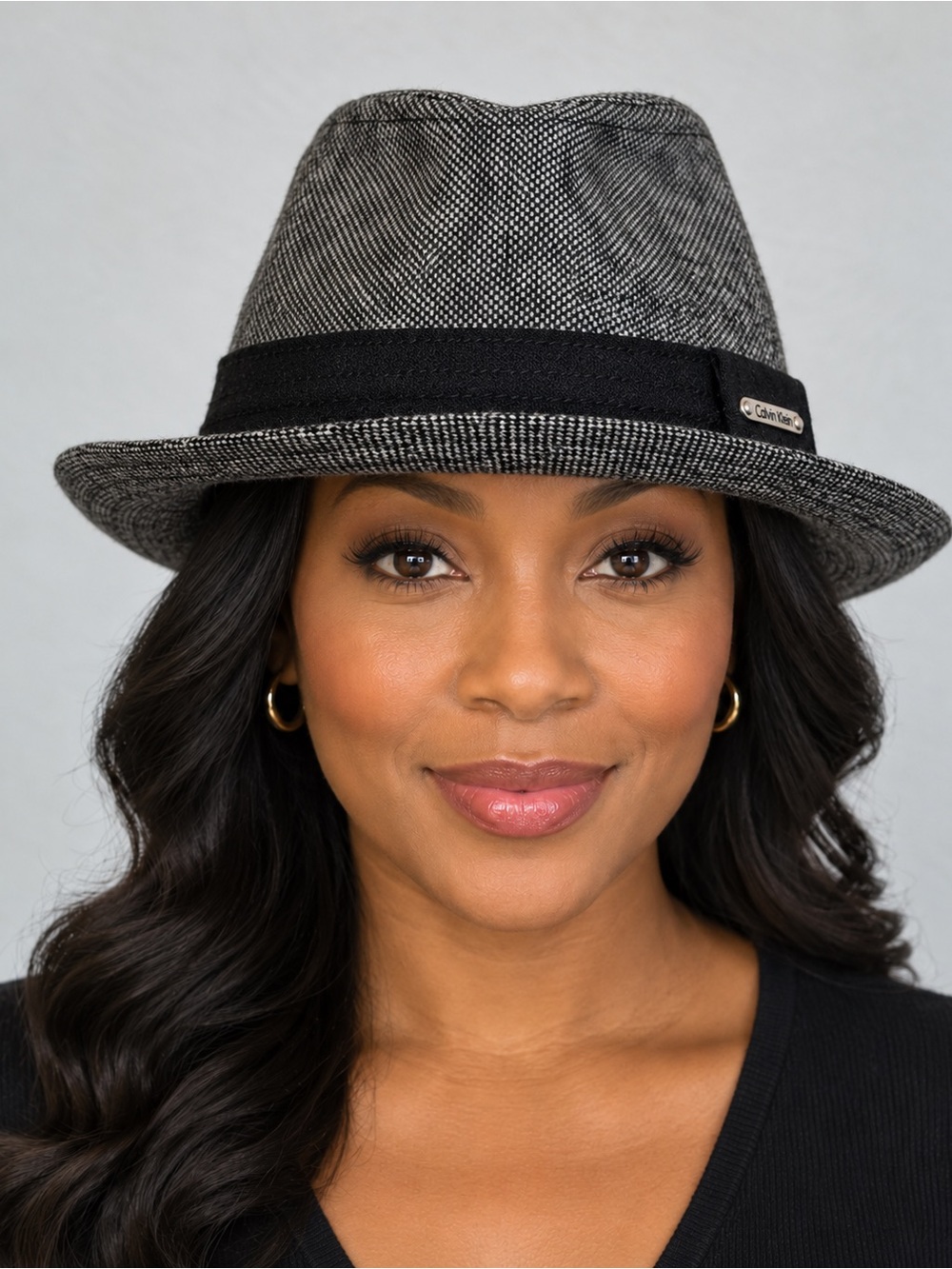 Calvin Klein Gray Black Wool Blend Tweed Fedora Hat One Size